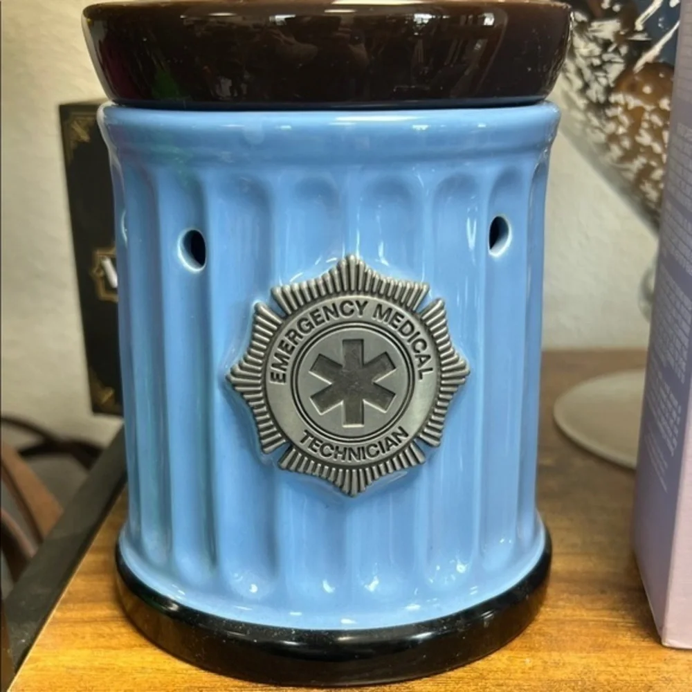 Scentsy Blue and Brown Candle Holder with EMT emblem
